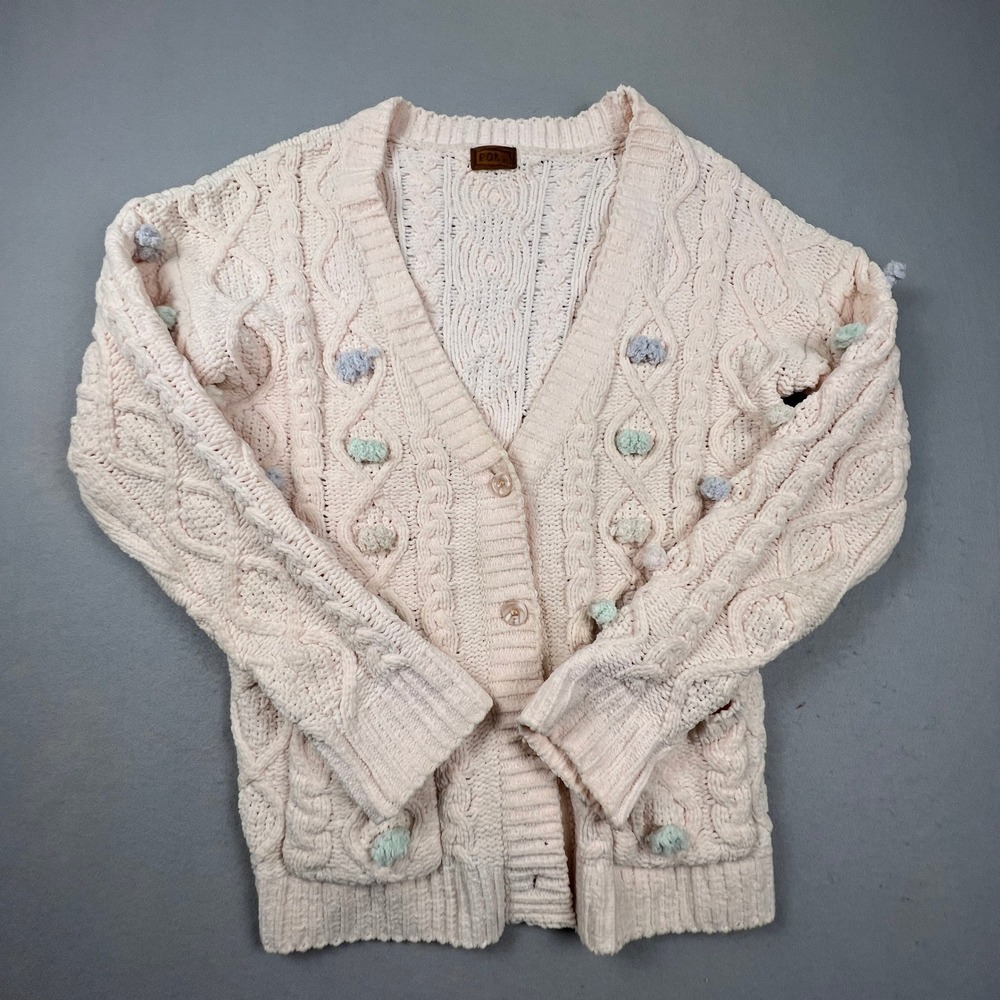 POL Cardigan‎ Sweater Women Medium Cream Chenille Cable Knit Pom Pom Coquette